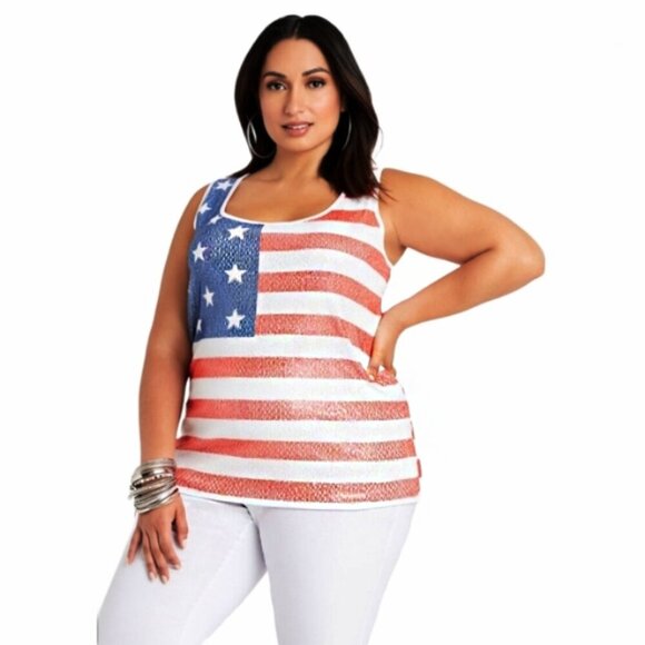 NWT Ashley Stewart July 4th Sequin Americana Scoop Neck Tank Red White & Blue 1X - Picture 1 of 13